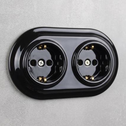 Elhard - Tomada doméstica retro dupla em cerâmica com moldura SCHUKO 230V preta