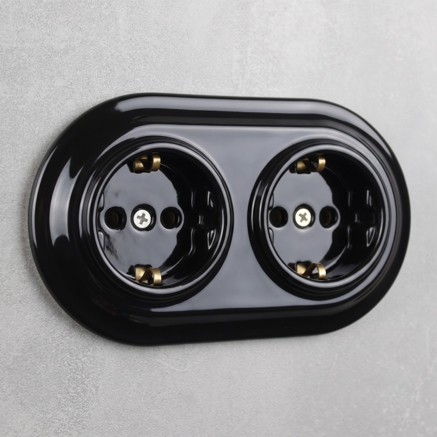 Elhard - Tomada doméstica retro dupla em cerâmica com moldura SCHUKO 230V preta