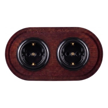 Elhard - Tomada doméstica retro dupla em cerâmica com moldura SCHUKO 230V preta/madeira escura
