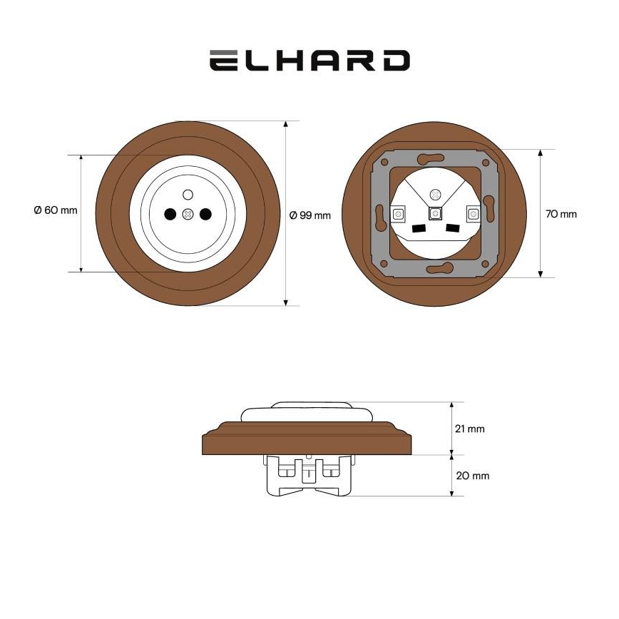 Elhard - Tomada doméstica retro em cerâmica com moldura 230V preta/madeira escura