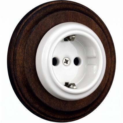 Elhard - Tomada doméstica retro em cerâmica com moldura SCHUKO 230V branca/madeira escura