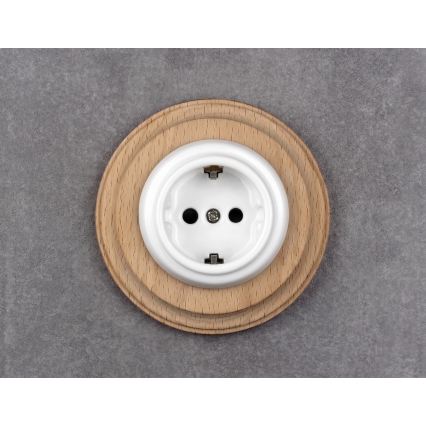 Elhard - Tomada retrô de cerâmica para uso doméstico com moldura SCHUKO 230V branca/madeira clara