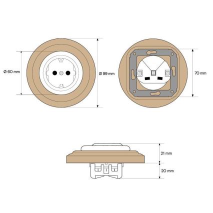 Elhard - Tomada retrô de cerâmica para uso doméstico com moldura SCHUKO 230V branca/madeira clara