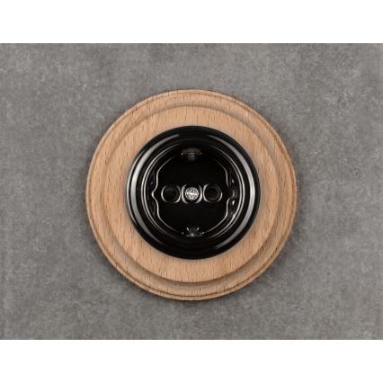 Elhard - Tomada doméstica retro em cerâmica com moldura SCHUKO 230V preto/madeira clara