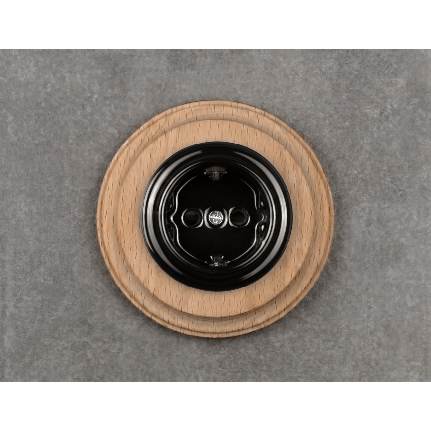 Elhard - Tomada doméstica retro em cerâmica com moldura SCHUKO 230V preto/madeira clara