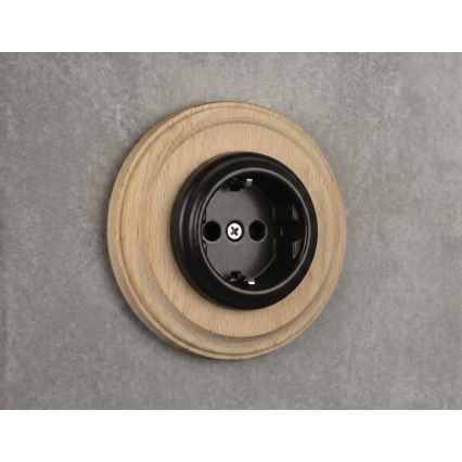 Elhard - Tomada doméstica retro em cerâmica com moldura SCHUKO 230V preto/madeira clara