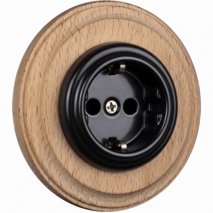 Elhard - Tomada doméstica retro em cerâmica com moldura SCHUKO 230V preto/madeira clara