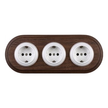 Elhard - Tomada doméstica retro tripla de cerâmica com moldura SCHUKO 230V branco/madeira escura