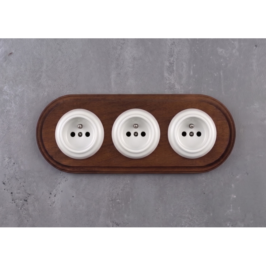 Elhard - Tomada doméstica retro tripla em cerâmica com moldura 230V branca/madeira escura