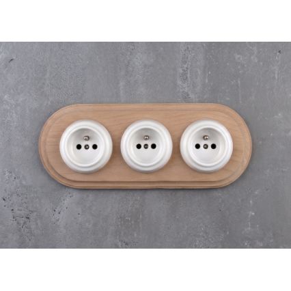 Elhard - Tomada retro tripla em cerâmica para uso doméstico com moldura 230V branco/madeira clara