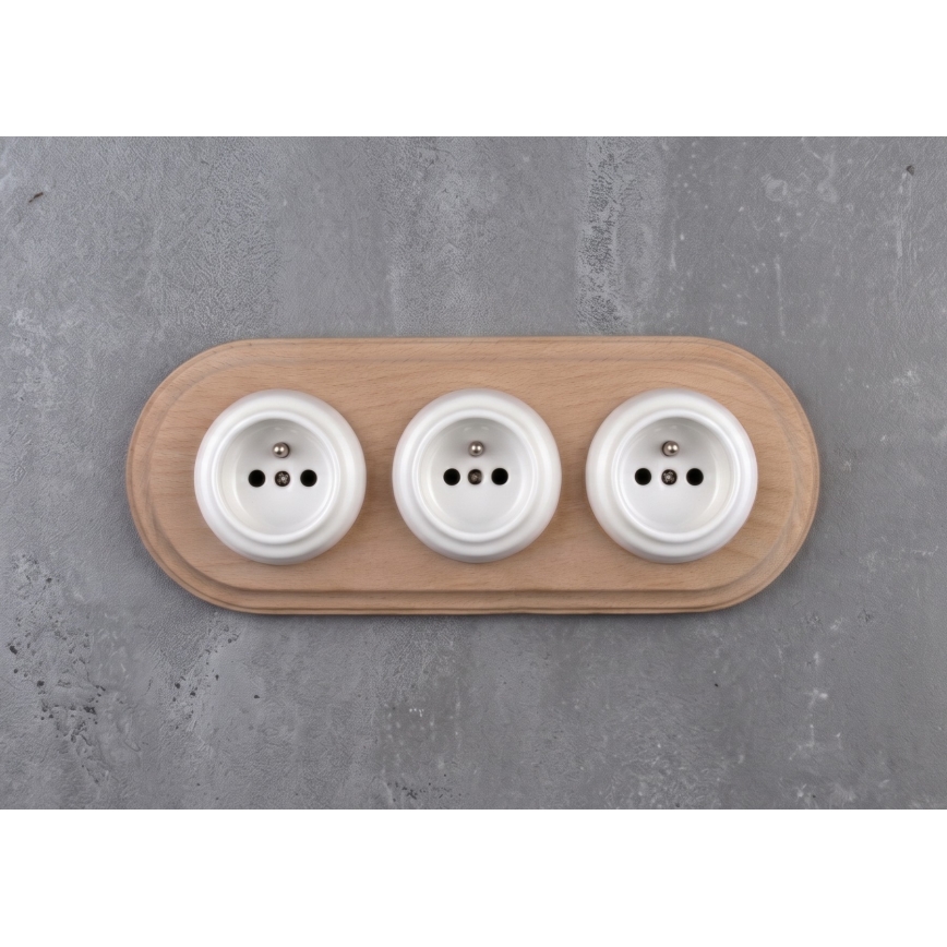 Elhard - Tomada retro tripla em cerâmica para uso doméstico com moldura 230V branco/madeira clara
