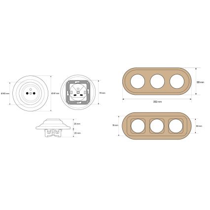 Elhard - Tomada retro tripla em cerâmica para uso doméstico com moldura 230V branco/madeira clara