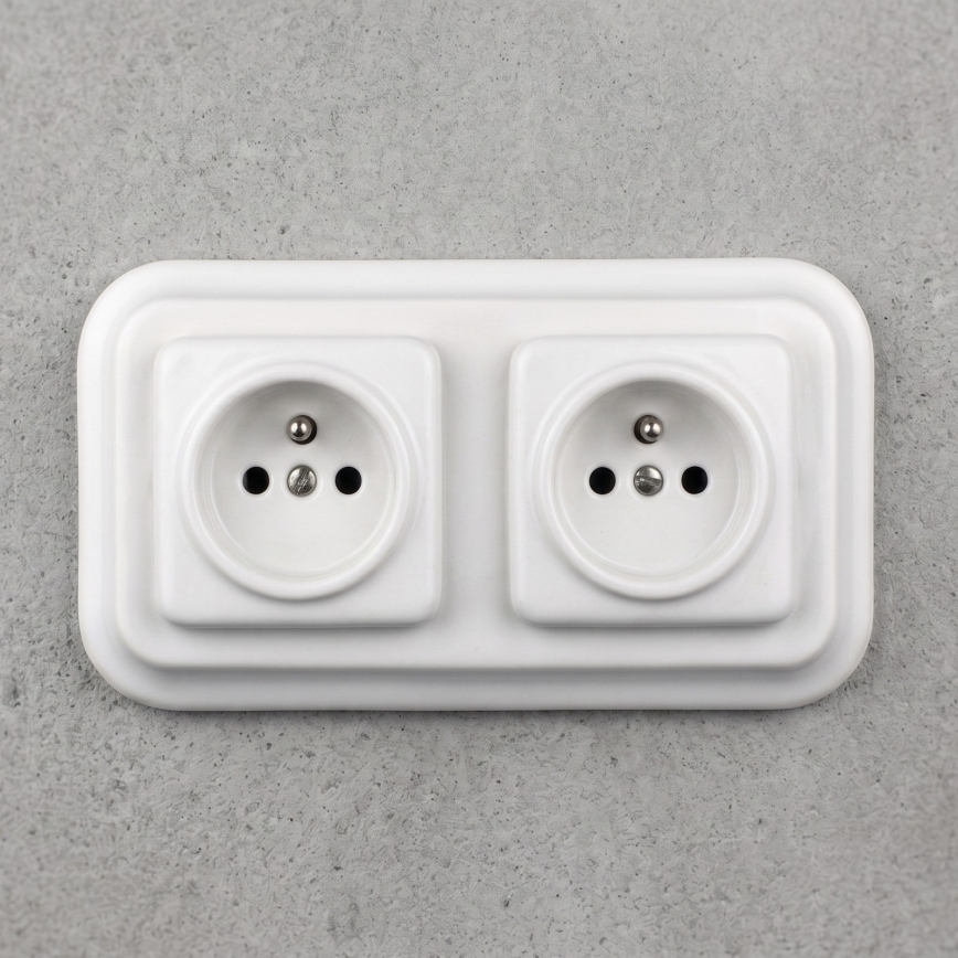 Elhard - Tomada dupla em cerâmica de estilo retro para uso doméstico com moldura, 230V, branca