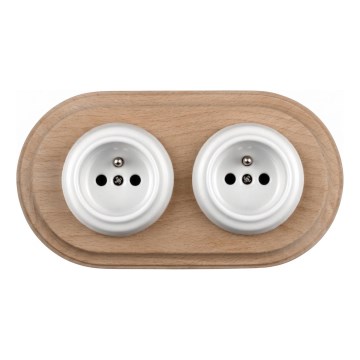 Elhard - Tomada dupla retro de cerâmica para uso doméstico com moldura 230V branca/madeira clara