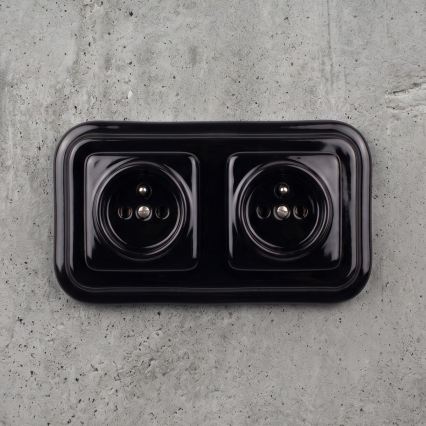 Elhard - Tomada dupla retro em cerâmica para uso doméstico com moldura 230V preta