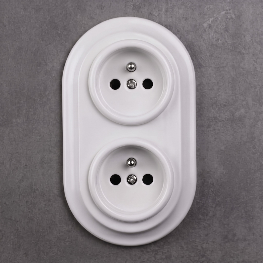 Elhard - Tomada dupla retro em cerâmica para uso doméstico com moldura SCHUKO 230V branca