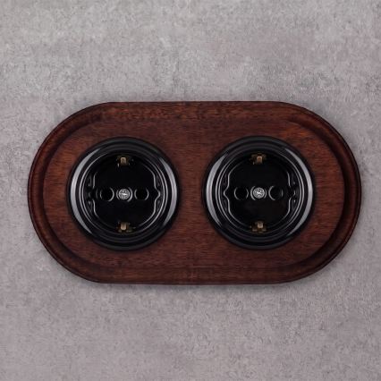 Elhard - Tomada doméstica retro dupla em cerâmica com moldura SCHUKO 230V preta/madeira escura