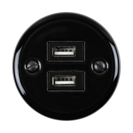Elhard - Tomada retro em cerâmica 2x USB-A, preta