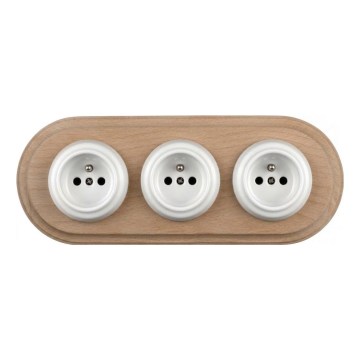Elhard - Tomada retro tripla em cerâmica para uso doméstico com moldura 230V branco/madeira clara