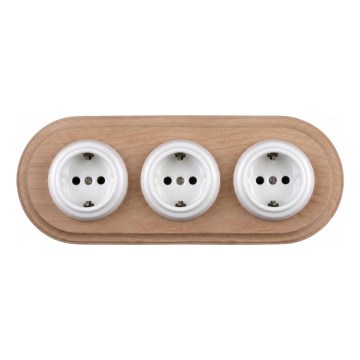 Elhard - Tomada retro tripla em cerâmica para uso doméstico com moldura SCHUKO 230V branca/madeira clara