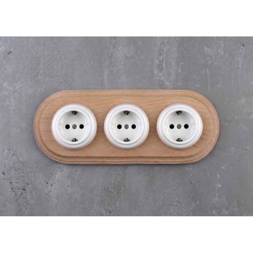 Elhard - Tomada retro tripla em cerâmica para uso doméstico com moldura SCHUKO 230V branca/madeira clara