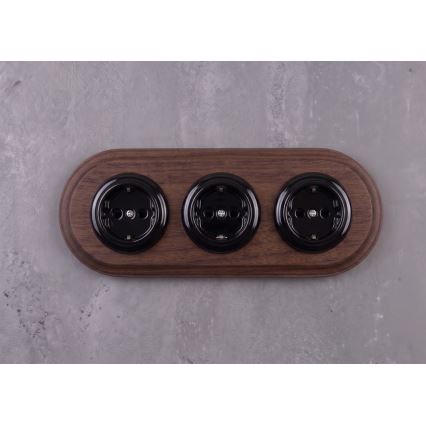 Elhard - Tomada retro tripla em cerâmica para uso doméstico com moldura SCHUKO 230V preto/madeira escura
