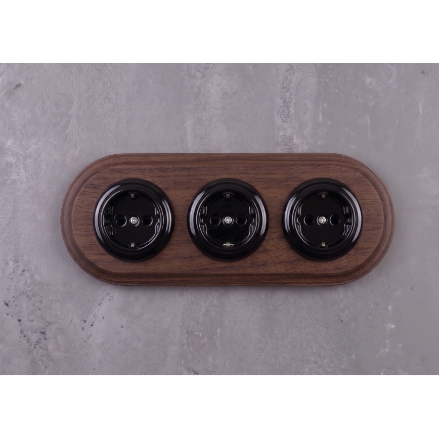 Elhard - Tomada retro tripla em cerâmica para uso doméstico com moldura SCHUKO 230V preto/madeira escura