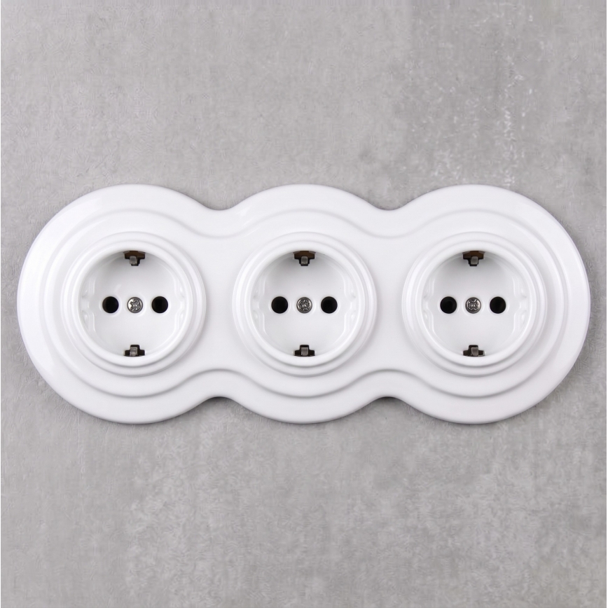 Elhard - Tomada tripla em cerâmica de estilo retro para uso doméstico com moldura SCHUKO 230V branca