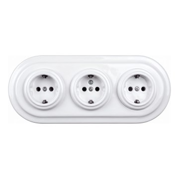 Elhard - Tomada tripla retro em cerâmica para uso doméstico com moldura SCHUKO 230V branca