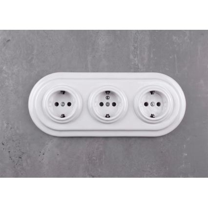 Elhard - Tomada tripla retro em cerâmica para uso doméstico com moldura SCHUKO 230V branca