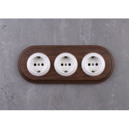 Elhard - Tomada doméstica retro tripla de cerâmica com moldura SCHUKO 230V branco/madeira escura