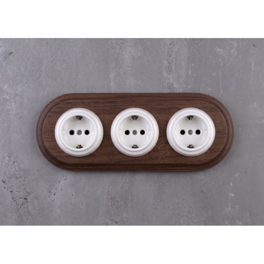 Elhard - Tomada doméstica retro tripla de cerâmica com moldura SCHUKO 230V branco/madeira escura