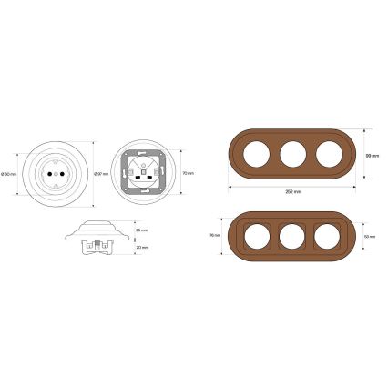 Elhard - Tomada doméstica retro tripla de cerâmica com moldura SCHUKO 230V branco/madeira escura