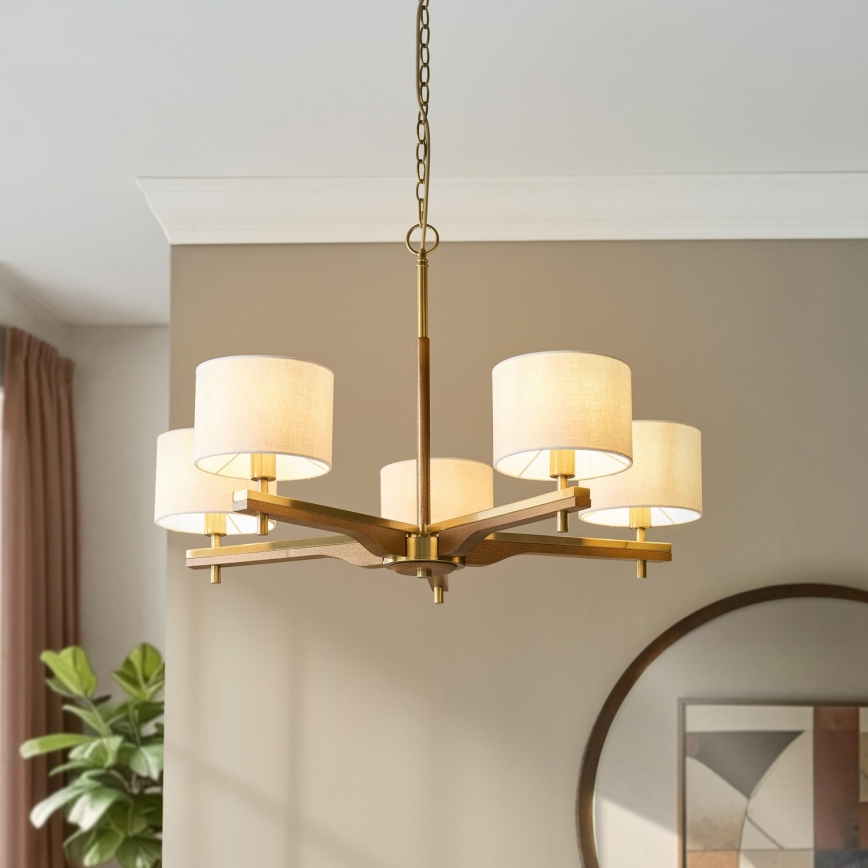 Endon 116994 - Lustre com corrente HEATHCLIFF 5xE14/7W/230V latão/freixo