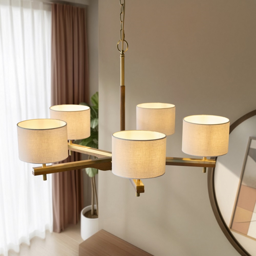 Endon 116994 - Lustre com corrente HEATHCLIFF 5xE14/7W/230V latão/freixo