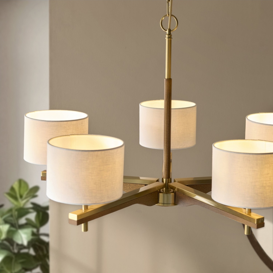 Endon 116994 - Lustre com corrente HEATHCLIFF 5xE14/7W/230V latão/freixo