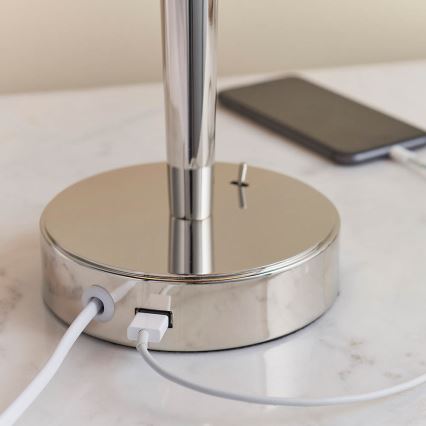 Endon 72175 - Lâmpada de mesa com porta USB SYON 1xE14/40W/230V cromo brilhante/bege