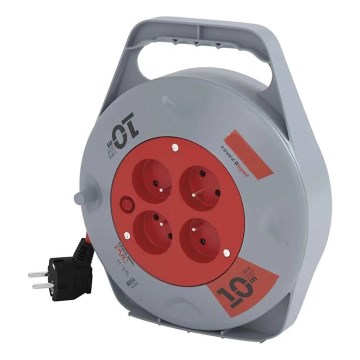 Enrolador de cabo de extensão com 4 tomadas — 10 m, cinzento/vermelho