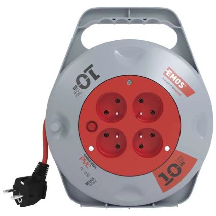 Enrolador de cabo de extensão com 4 tomadas — 10 m, cinzento/vermelho