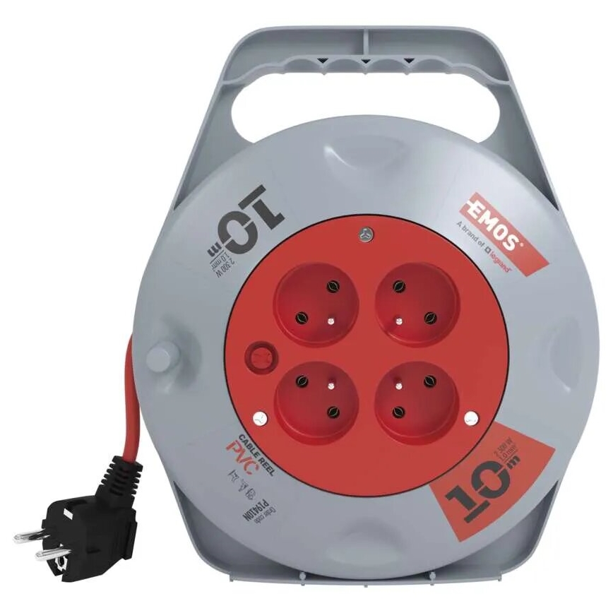 Enrolador de cabo de extensão com 4 tomadas — 10 m, cinzento/vermelho