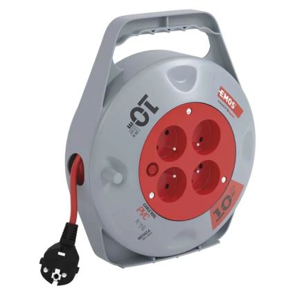 Enrolador de cabo de extensão com 4 tomadas — 10 m, cinzento/vermelho