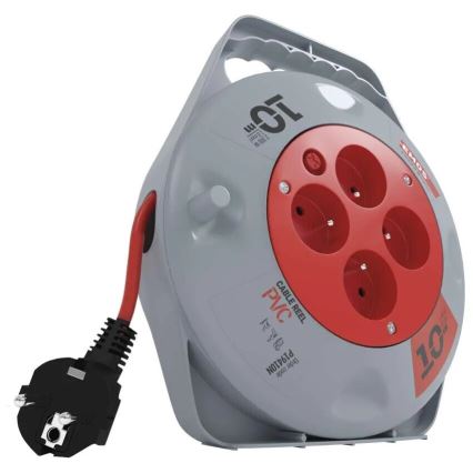 Enrolador de cabo de extensão com 4 tomadas — 10 m, cinzento/vermelho