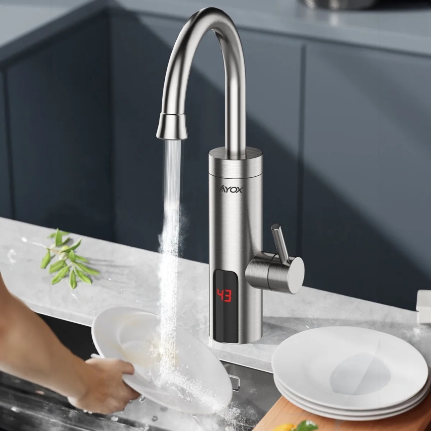 Esquentador de água instantâneo com ecrã LED 3000W/230V IPX4 aço inoxidável