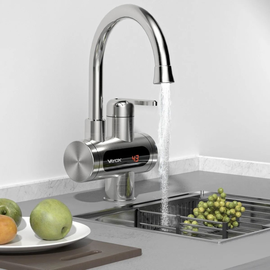 Esquentador de água instantâneo com ecrã LED 3000W/230V IPX4 aço inoxidável