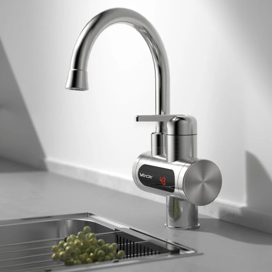 Esquentador de água instantâneo com ecrã LED 3000W/230V IPX4 aço inoxidável