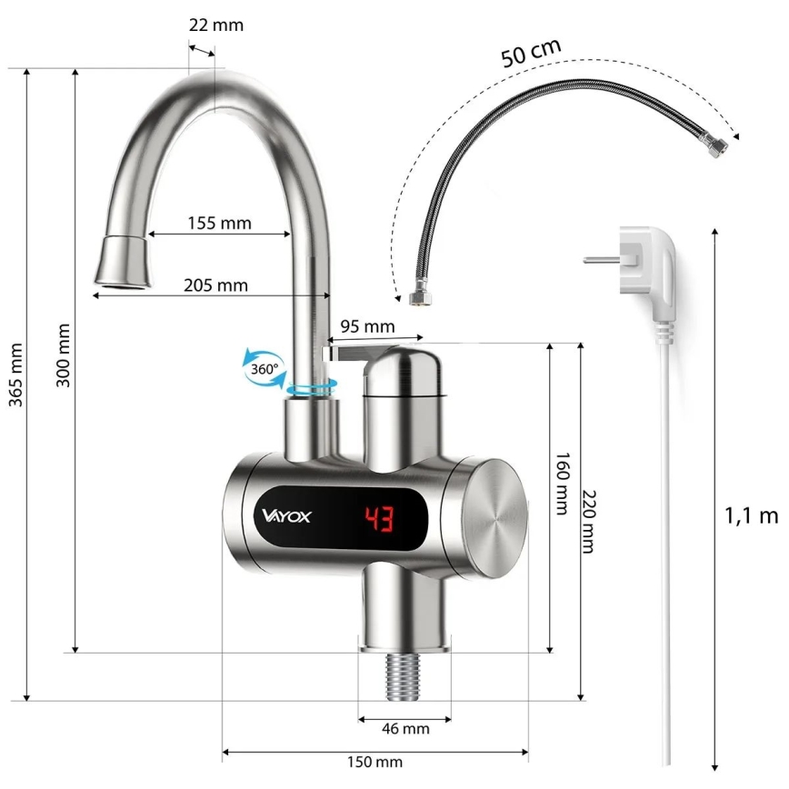 Esquentador de água instantâneo com ecrã LED 3000W/230V IPX4 aço inoxidável