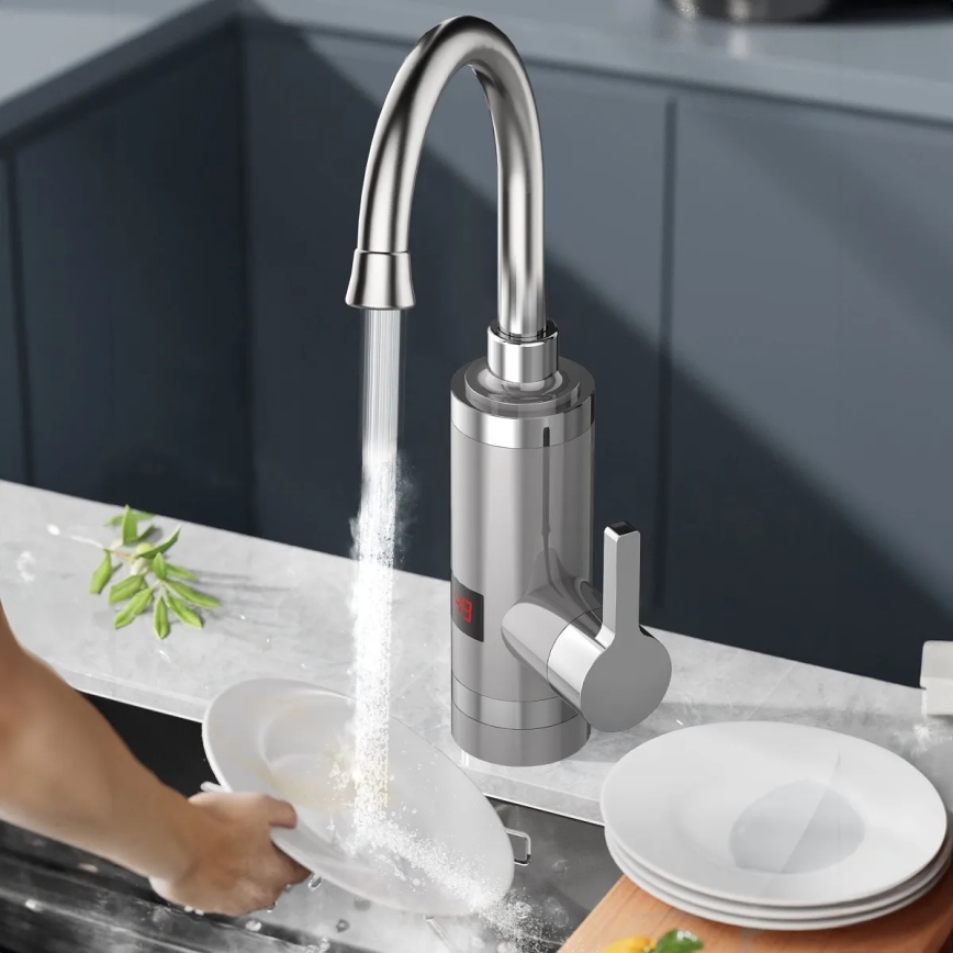 Esquentador de água instantâneo com ecrã LED 3000W/230V IPX4 aço inoxidável