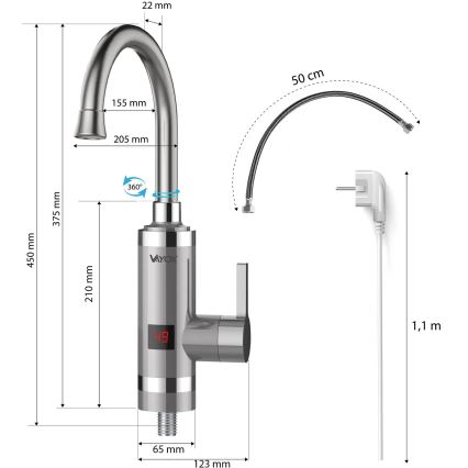 Esquentador de água instantâneo com ecrã LED 3000W/230V IPX4 aço inoxidável