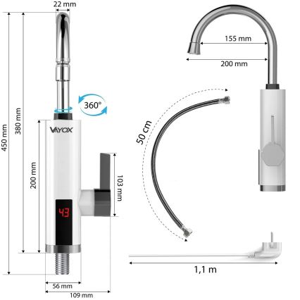 Esquentador de água instantâneo com ecrã LED 3000W/230V IPX4 branco
