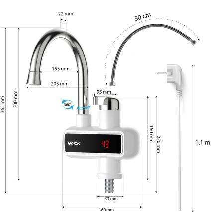 Esquentador de água instantâneo com ecrã LED 3000W/230V IPX4 branco
